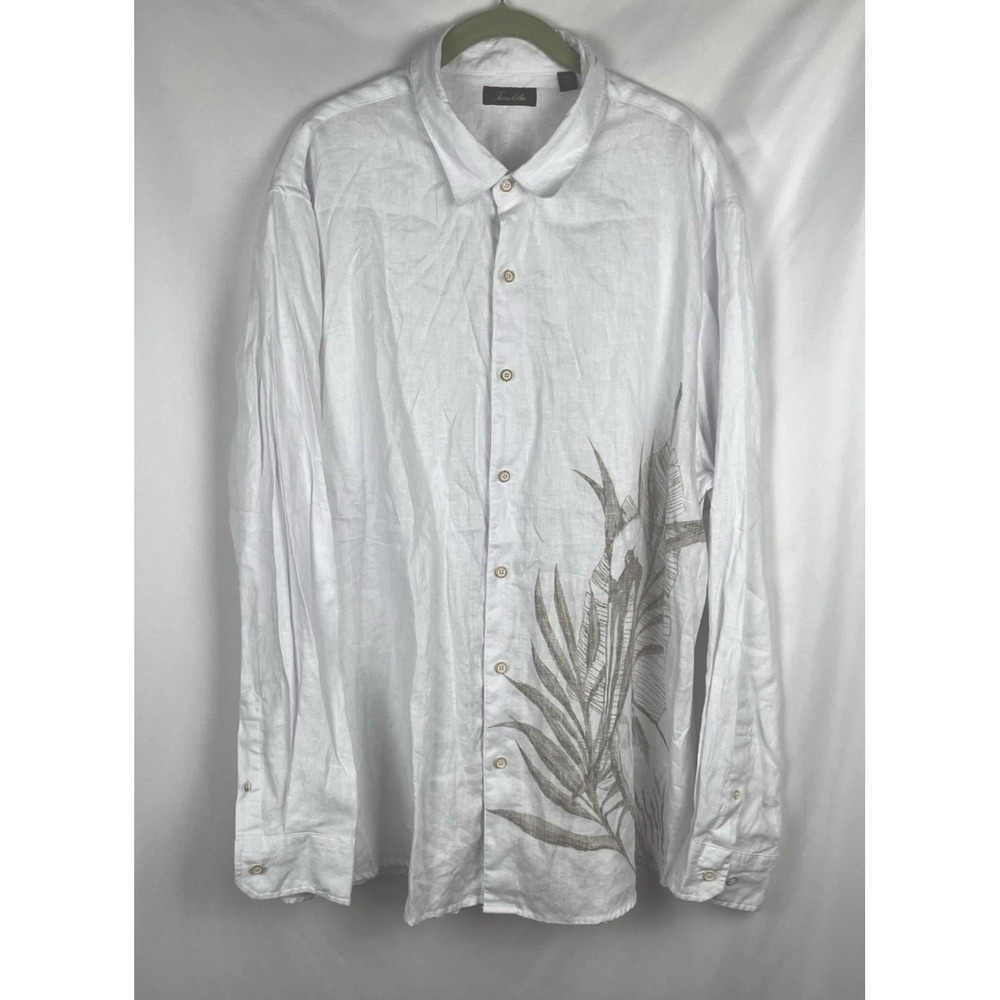 Tasso Elba Linen Shirt Mens XXL White‎ Crane Palm Tropical Floral Button Up